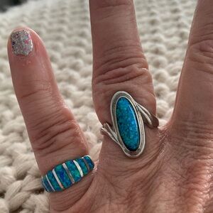 2 piece set lab blue opal  Silver and Blue Ring Set pinky-4, larger-7